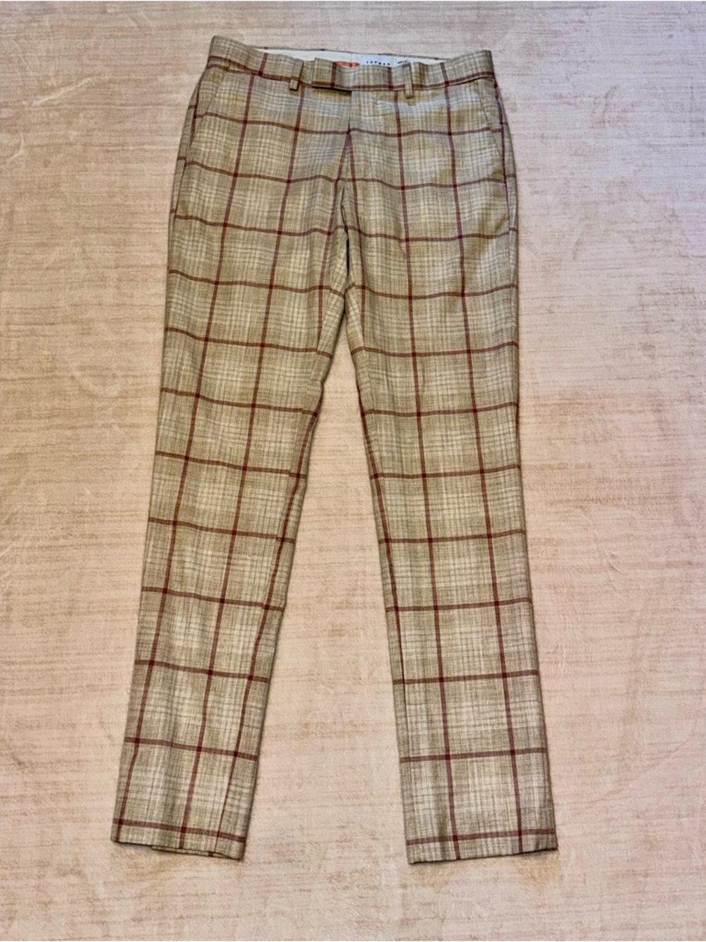 Topman Beige Plaid Dress Pants with Red Windowpane Trim - Picture 2 of 11
